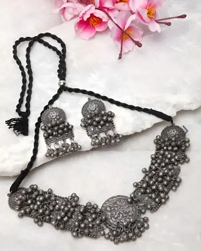 [273] Oxidized Silver Choker Necklace with Matching Jhumka Earrings_273