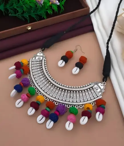 [290] Oxidised Multicolour Pom-Pom & Cowrie Shell Necklace Set