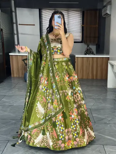 [313] Olive Green Floral Embroidered Lehenga Choli with Dupatta