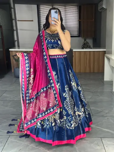 [317] Royal Blue & Pink Embroidered Velvet Lehenga Choli