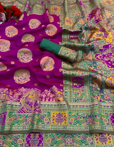 [365] Magenta and Emerald Green Paithani Silk Saree_365