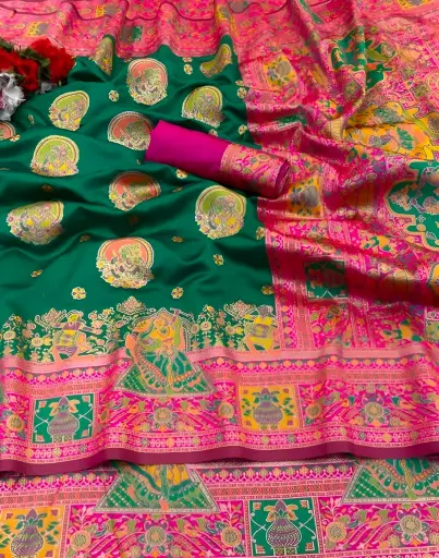 [366] Emerald and Rani Pink Paithani Silk Saree_366