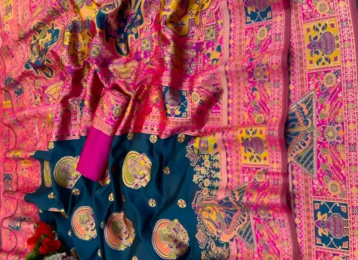 [367] Blue and Rani Pink Paithani Silk Saree_367