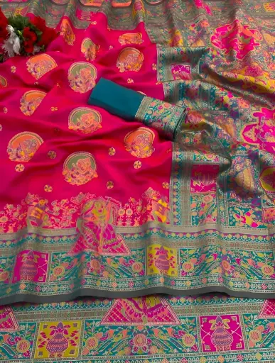 Green  and Rani Pink Paithani Silk Saree_368