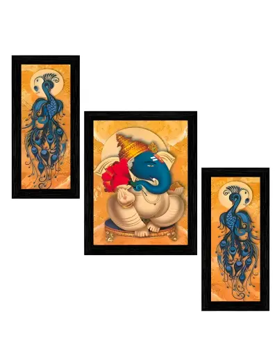 Ganeshji & Peacock Set of 3 Elegant Painting without glass_432