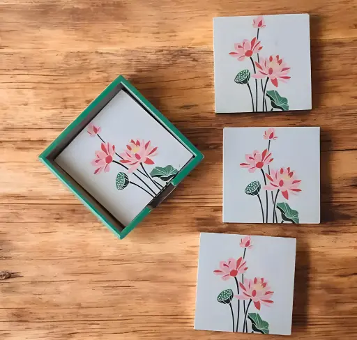 [444] Floral-Themed Handcrafted Coaster Set with Stand_444