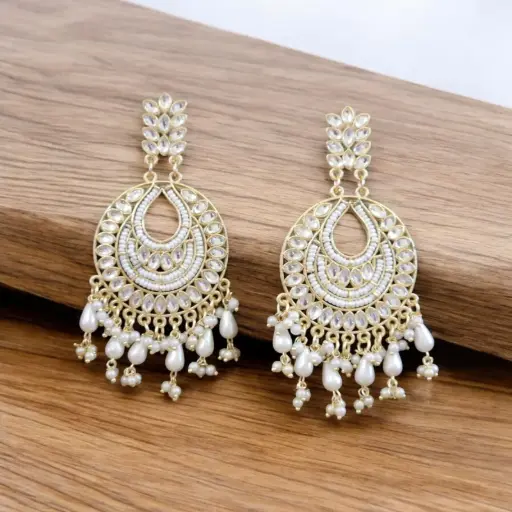 [54] Tear-Drop Kundan Earrings with Pearl Hangings(I)